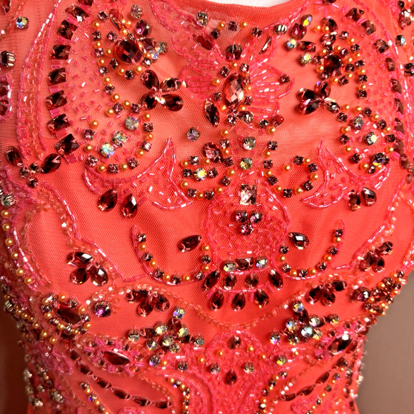 Sherri Hill Coral Beaded Chiffon Evening Prom Gown Size 16 – Sleeveless A-Line - Picture 2 of 9